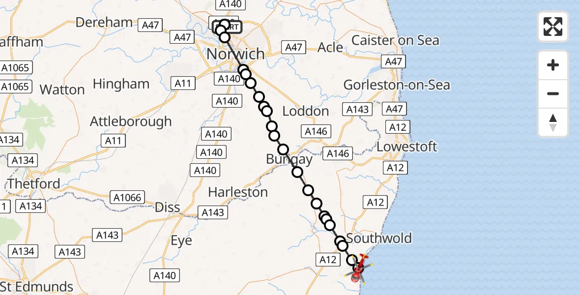 Flight route Air Ambulance Helicopter Norwich Airport - Dunwich, 17 May 2026, 14:20
