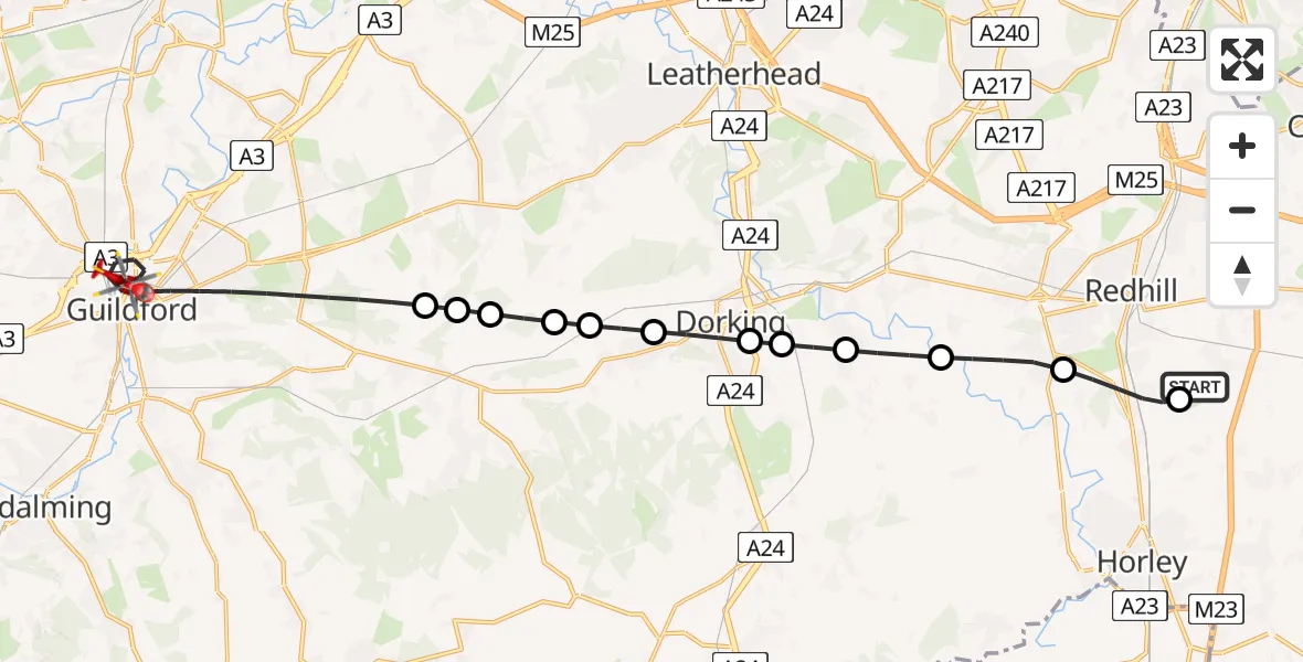 Flight route Air Ambulance Helicopter Redhill Aerodrome - Guildford, 17 May 2026, 14:22