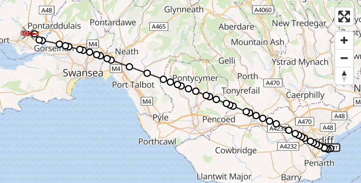 Flight route Air Ambulance Helicopter Cardiff Heliport - Dafen, 17 May 2026, 14:27