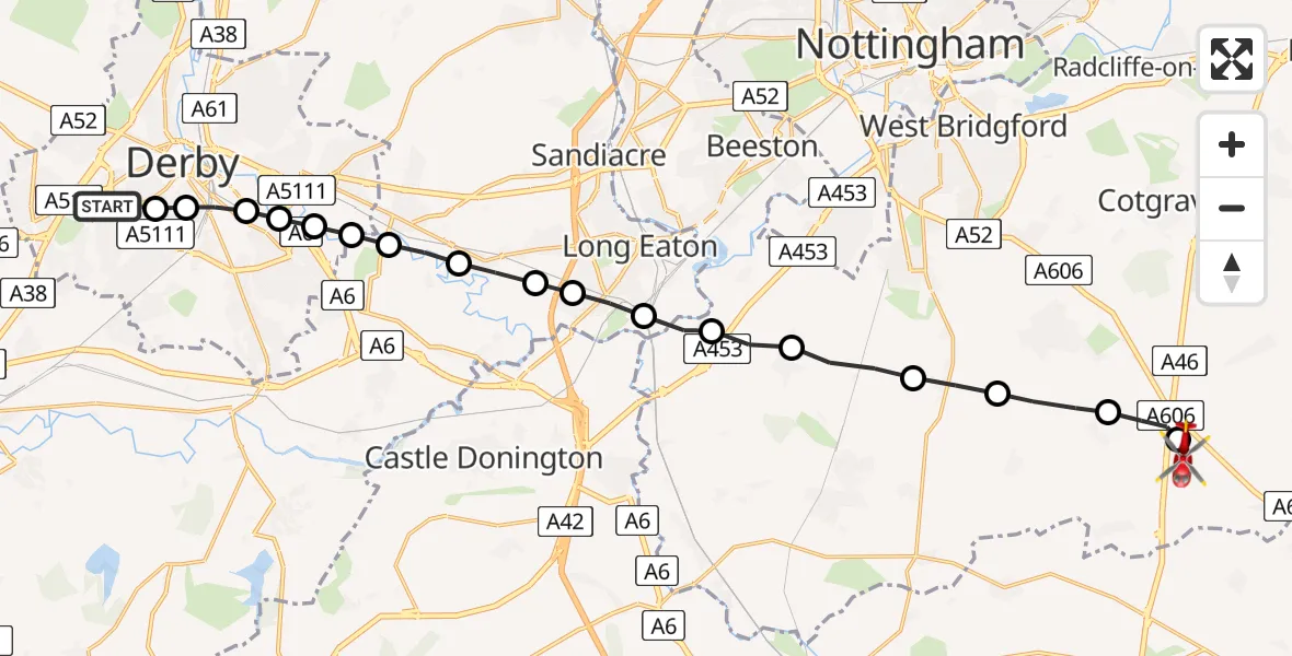 Flight route Air Ambulance Helicopter Royal Derby Trauma Unit - Nottingham Heliport, 17 May 2026, 14:32