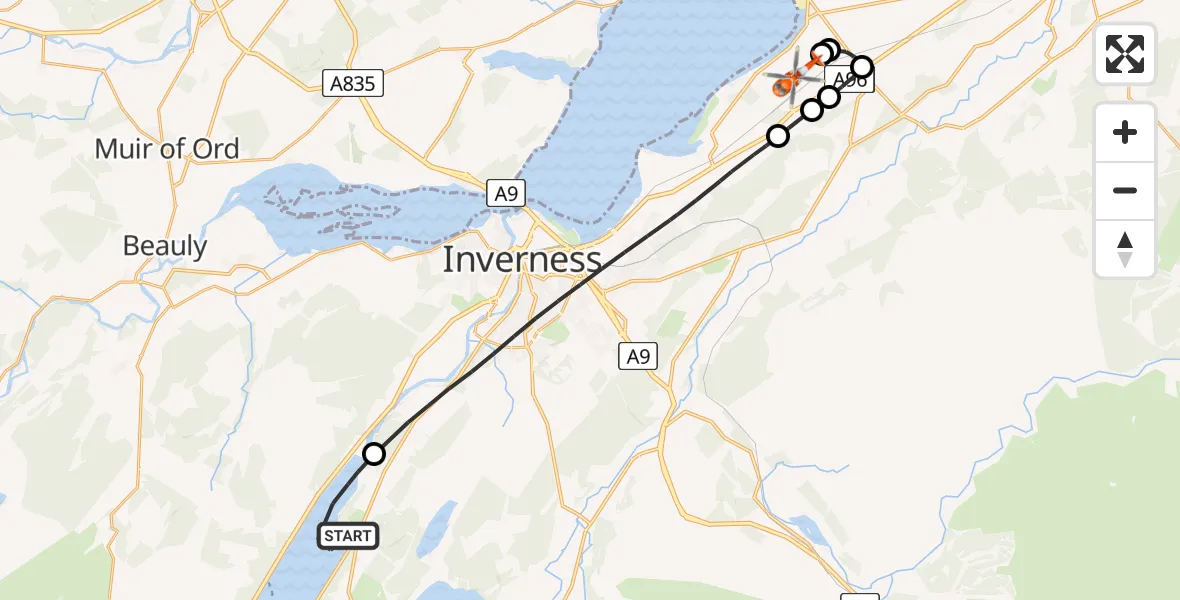 Flight route Coastguard Helicopter Loch Ness - Inverness Airport, 17 May 2026, 14:37