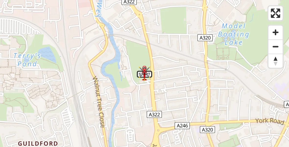Flight route Air Ambulance Helicopter Guildford - Guildford, 17 May 2026, 14:37