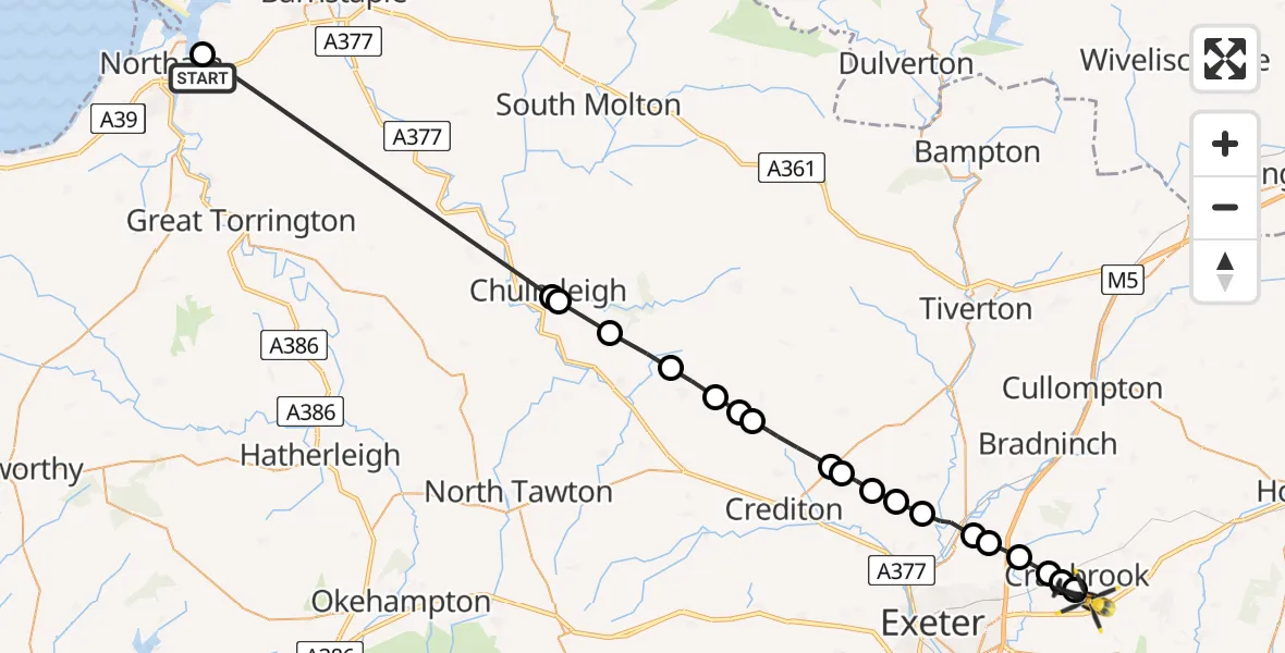 Flight route Police Helicopter Westleigh - Rockbeare, 17 May 2026, 14:38