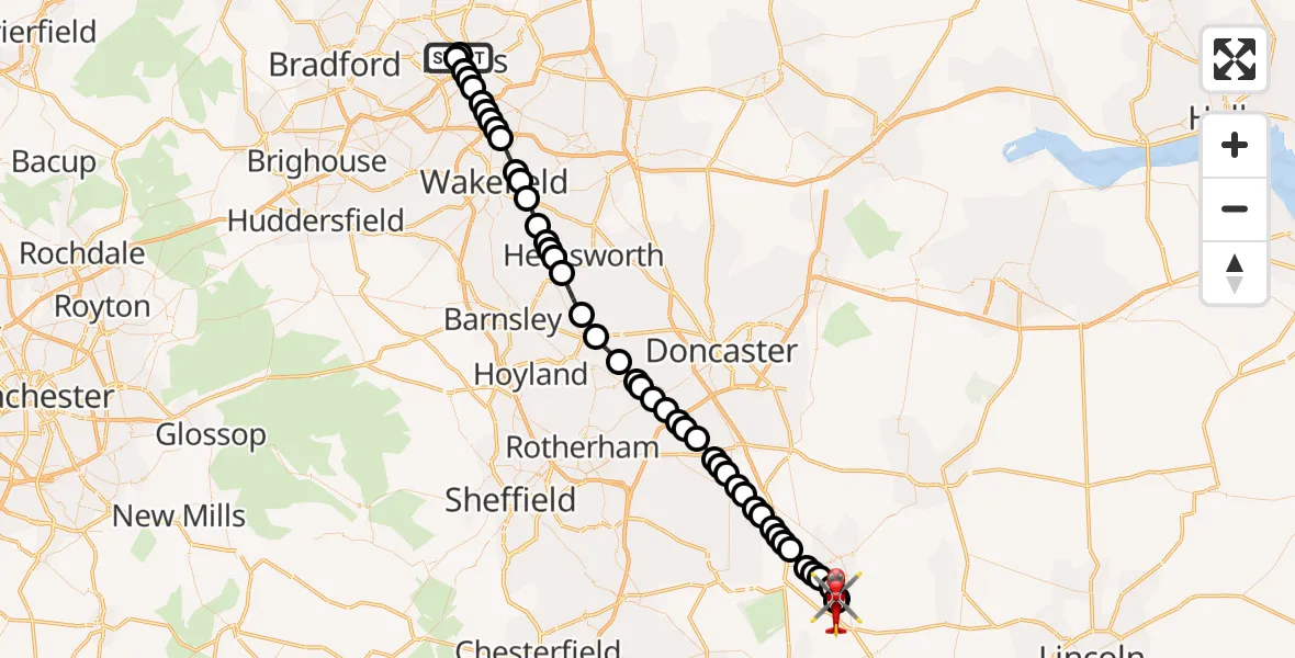 Flight route Air Ambulance Helicopter Woodhouse - Retford Gamston Airport, 17 May 2026, 14:45