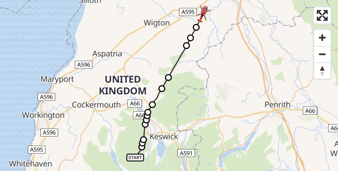 Flight route Air Ambulance Helicopter Above Derwent - Dalston, 17 May 2026, 14:46