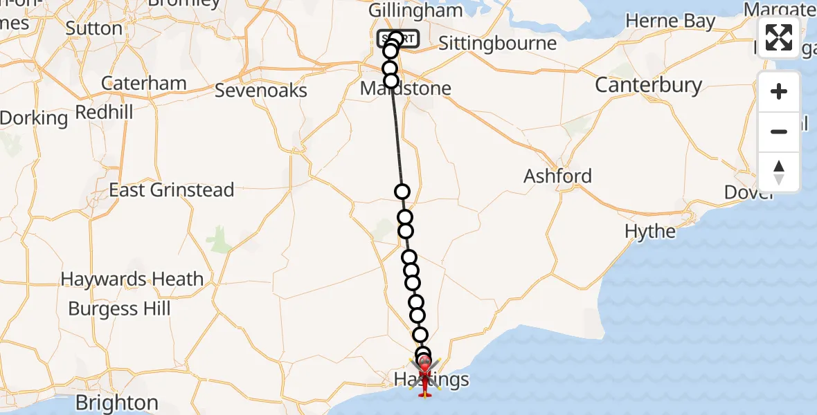 Flight route Air Ambulance Helicopter Rochester Airport - St Leonards, 17 May 2026, 14:50