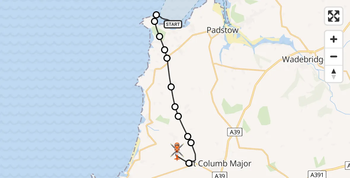 Flight route Coastguard Helicopter Harlyn - Cornwall Airport Newquay, 17 May 2026, 14:57