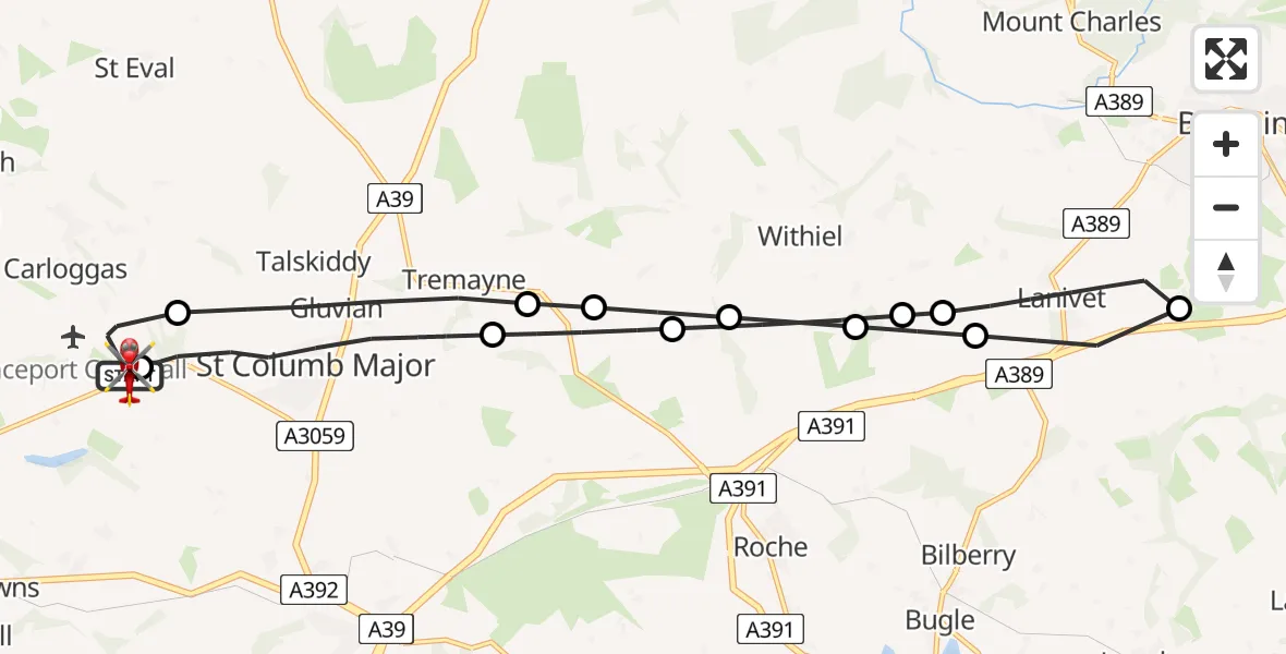 Flight route Air Ambulance Helicopter Cornwall Airport Newquay - Cornwall Airport Newquay, 17 May 2026, 15:04
