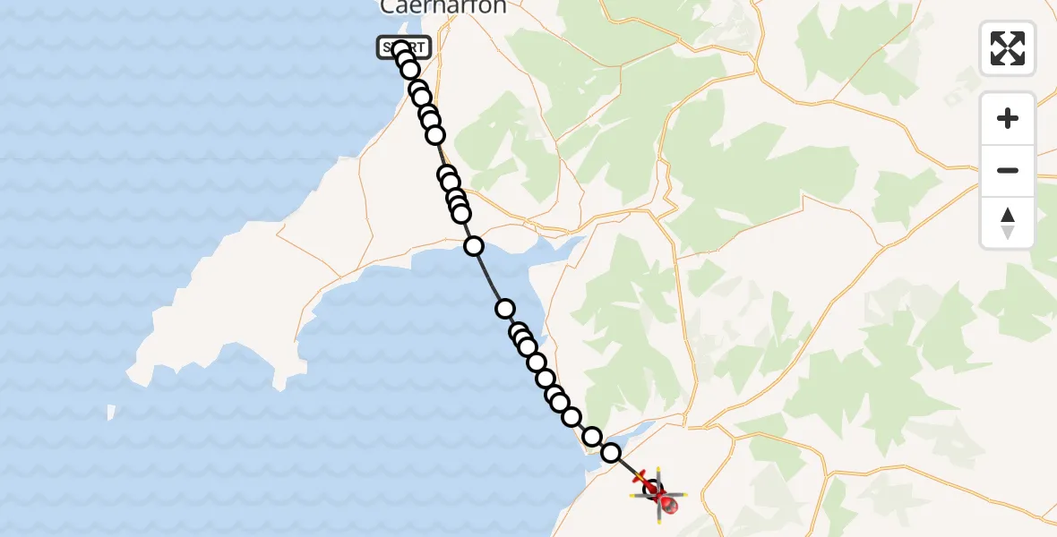 Flight route Air Ambulance Helicopter Caernarfon Airport - Llanfihangel-y-Pennant, 17 May 2026, 15:04