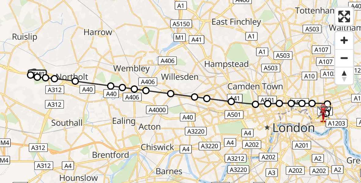 Flight route Air Ambulance Helicopter RAF Northolt - Royal London Hospital, 17 May 2026, 15:09