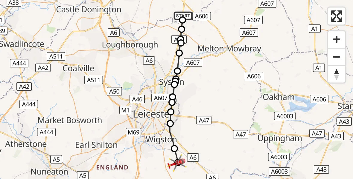 Flight route Air Ambulance Helicopter Rushcliffe - Fleckney, 17 May 2026, 15:18
