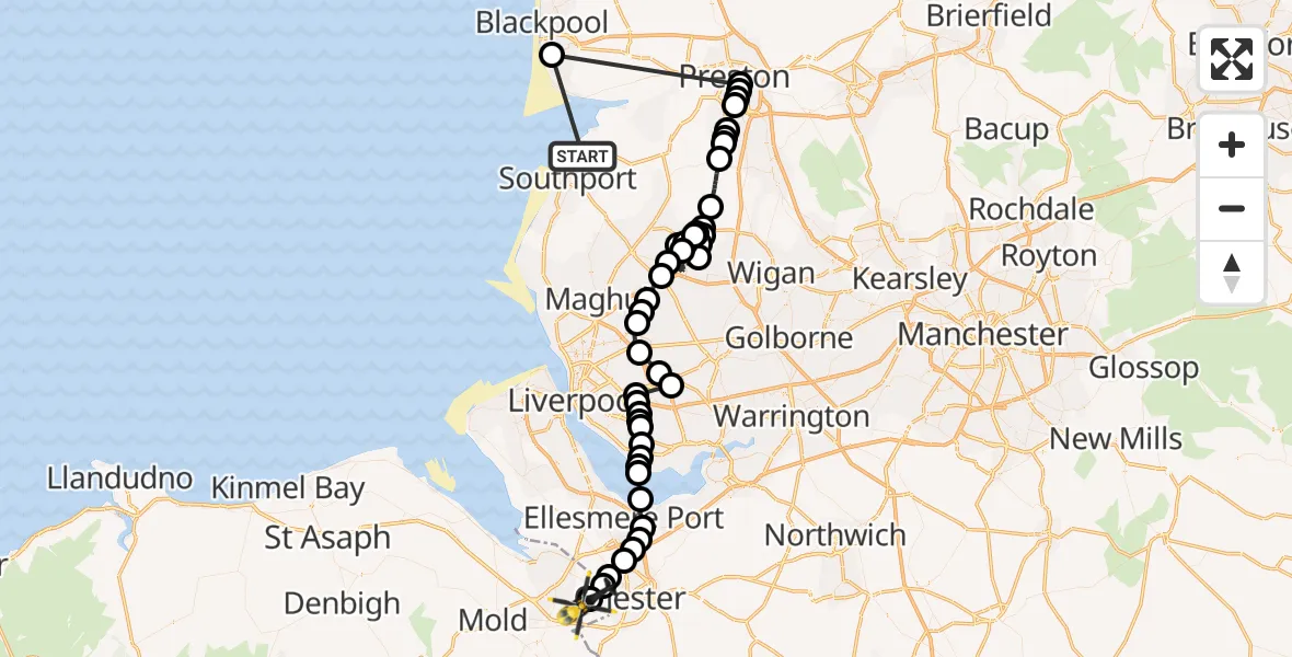 Flight route Police Helicopter Southport - Hawarden Airport, 17 May 2026, 15:29