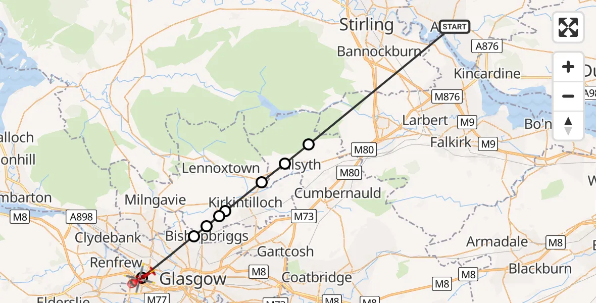 Flight route Air Ambulance Helicopter Alloa - Queen Elizabeth Hospital, 17 May 2026, 15:30