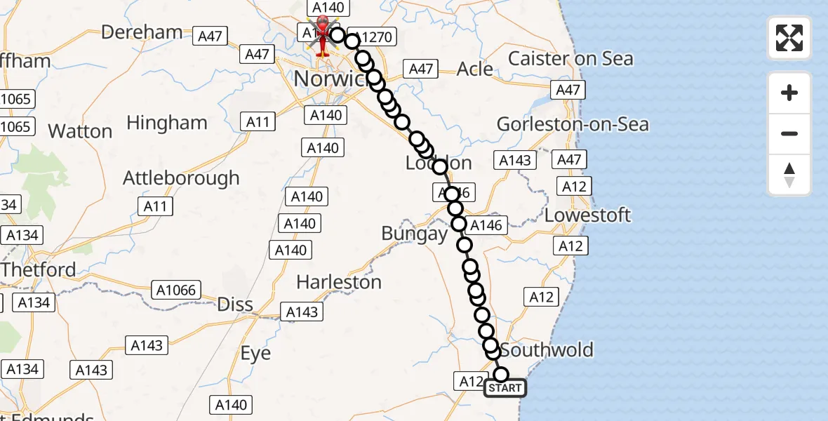 Flight route Air Ambulance Helicopter Westleton - Norwich Airport, 17 May 2026, 15:37