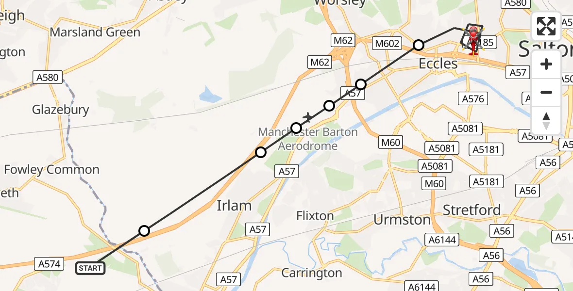 Flight route Air Ambulance Helicopter Birchwood - Eccles, 17 May 2026, 15:37