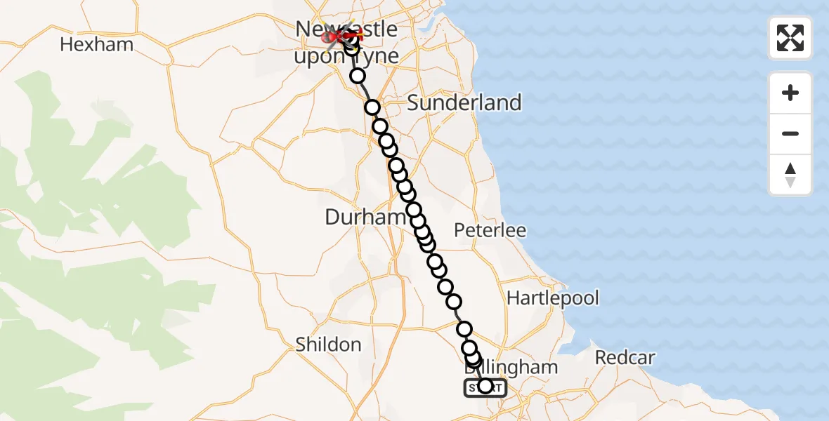 Flight route Air Ambulance Helicopter North Tees General - Newcastle Royal Victoria Infirmary, 17 May 2026, 15:37