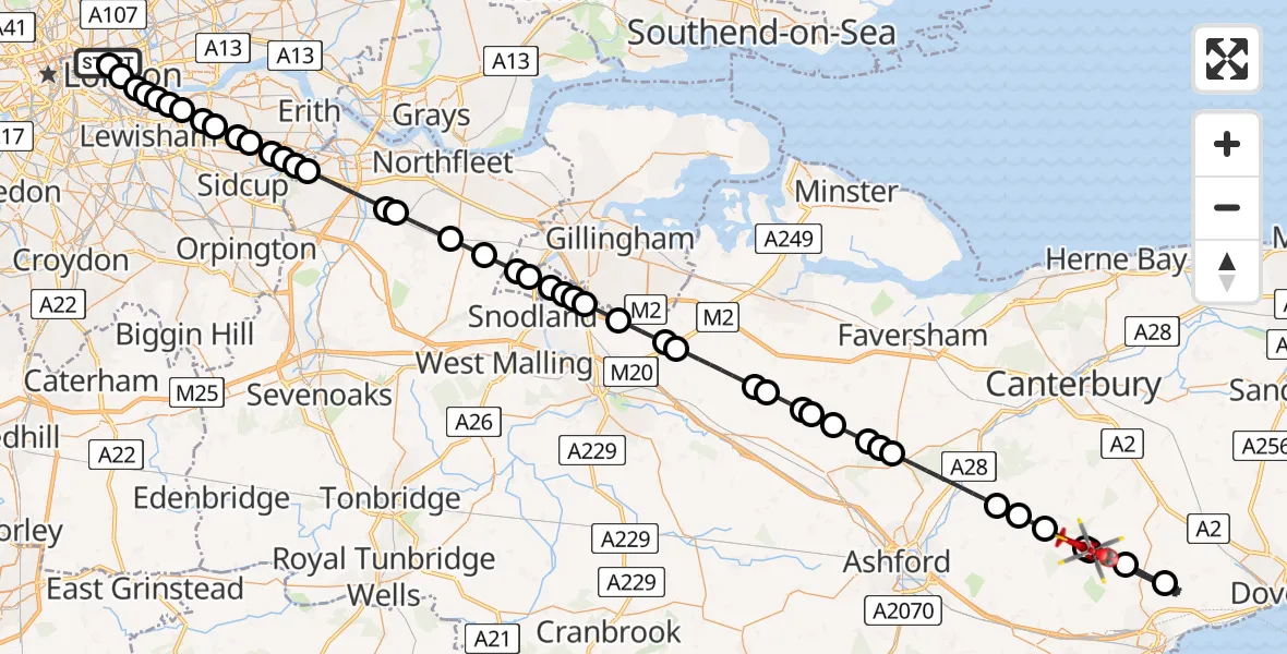 Flight route Air Ambulance Helicopter Royal London Hospital - Elham, 17 May 2026, 16:01