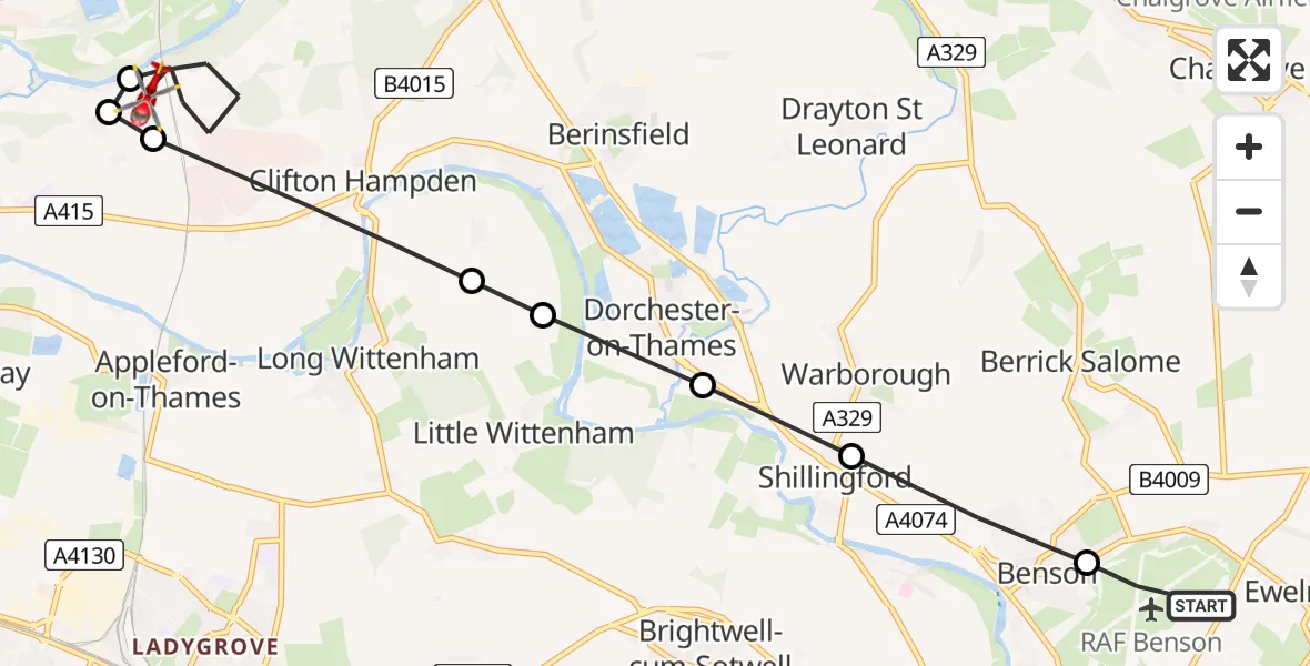 Flight route Air Ambulance Helicopter RAF Benson - Clifton Hampden, 17 May 2026, 16:05