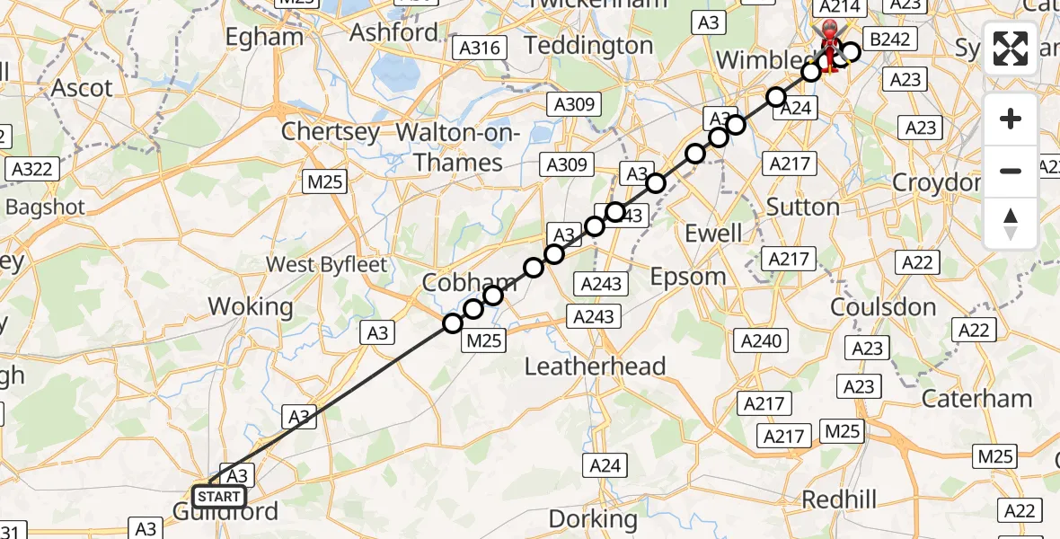 Flight route Air Ambulance Helicopter Guildford - St Georges Hospital, 17 May 2026, 16:10