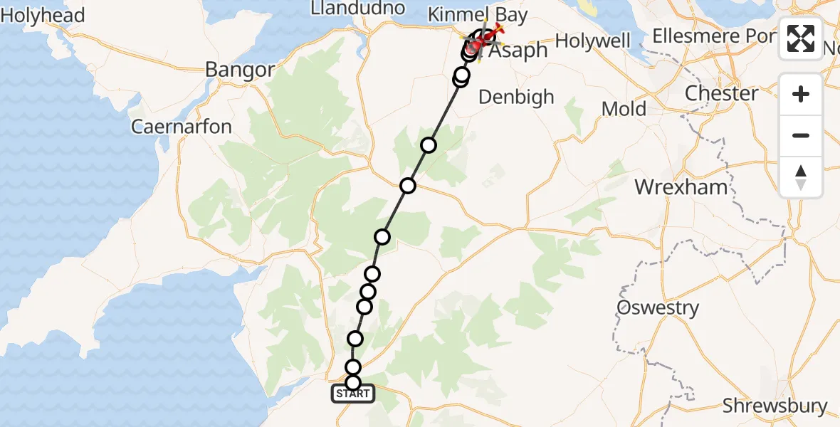 Flight route Air Ambulance Helicopter Dolgellau - St Asaph, 17 May 2026, 16:15