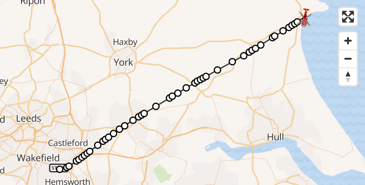 Flight route Air Ambulance Helicopter YAA Nostell Helicopter Port - Bridlington, 17 May 2026, 16:18