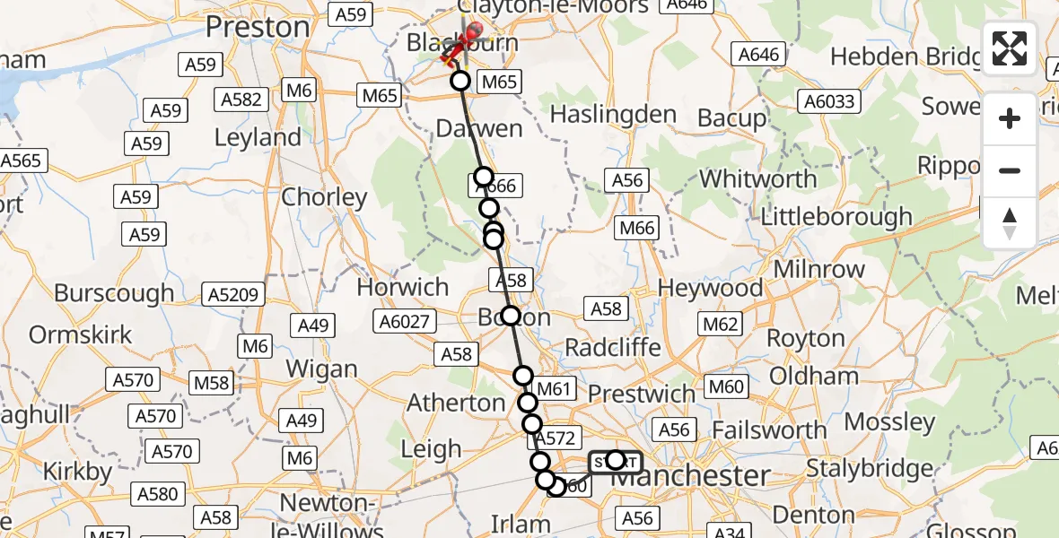 Flight route Air Ambulance Helicopter Eccles - Blackburn, 17 May 2026, 16:19