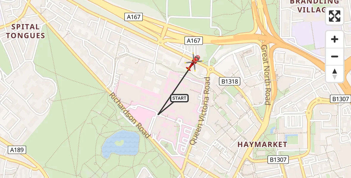 Flight route Air Ambulance Helicopter Newcastle Royal Victoria Infirmary - Newcastle Royal Victoria Infirmary, 17 May 2026, 16:30
