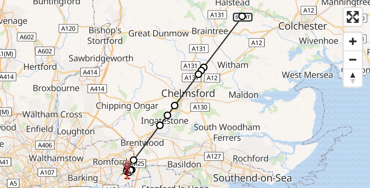Flight route Air Ambulance Helicopter Earls Colne Airfield - Upminster, 17 May 2026, 16:30