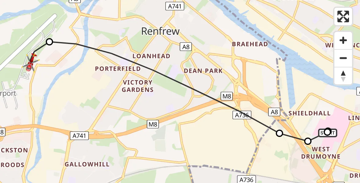 Flight route Air Ambulance Helicopter Queen Elizabeth Hospital - Glasgow Airport, 17 May 2026, 16:30