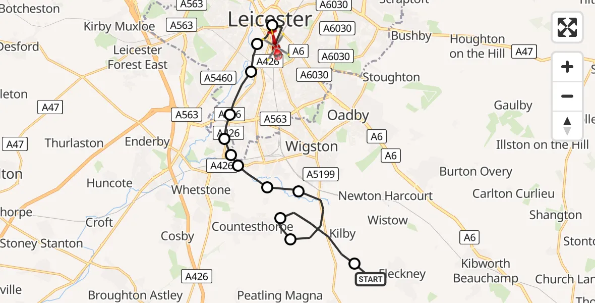 Flight route Air Ambulance Helicopter Fleckney - Bede Island, 17 May 2026, 16:33