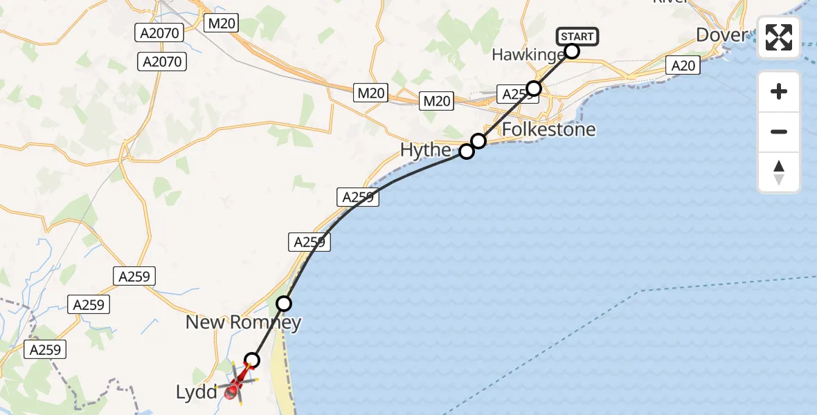 Flight route Air Ambulance Helicopter Dover - Lydd London Ashford Airport, 17 May 2026, 16:42