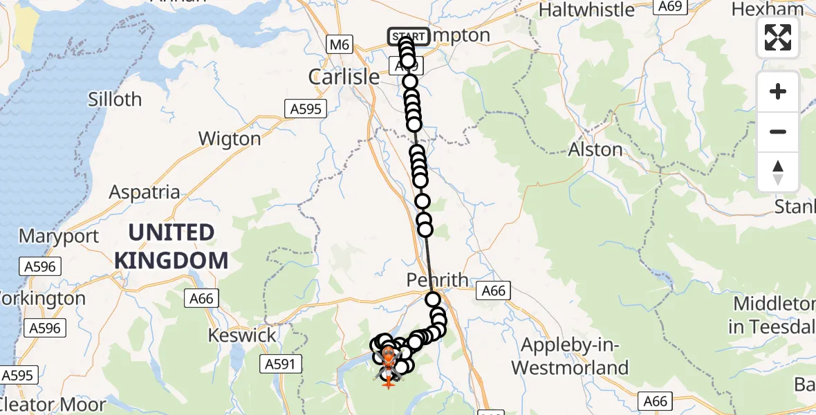 Flight route Coastguard Helicopter Carlisle Lake District Airport - Bampton, 17 May 2026, 16:49