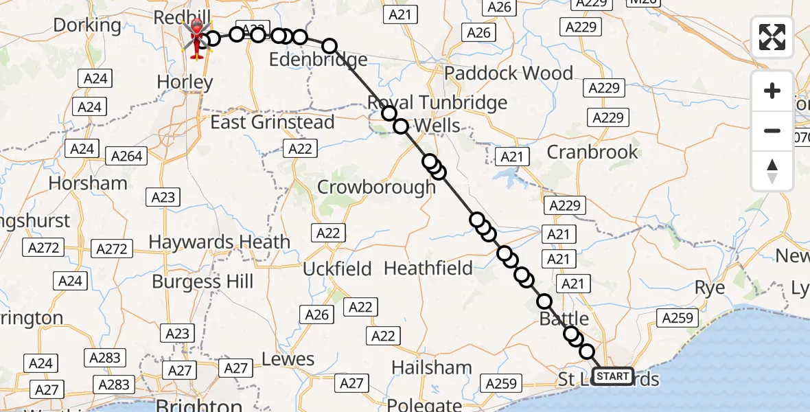 Flight route Air Ambulance Helicopter St Leonards - Redhill Aerodrome, 17 May 2026, 16:51