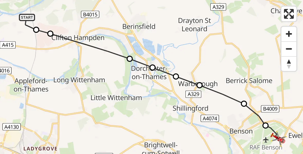 Flight route Air Ambulance Helicopter Clifton Hampden - RAF Benson, 17 May 2026, 16:56