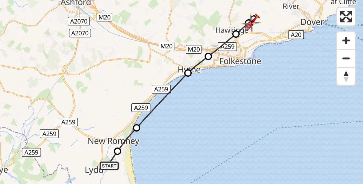 Flight route Air Ambulance Helicopter Lydd London Ashford Airport - Dover, 17 May 2026, 17:01