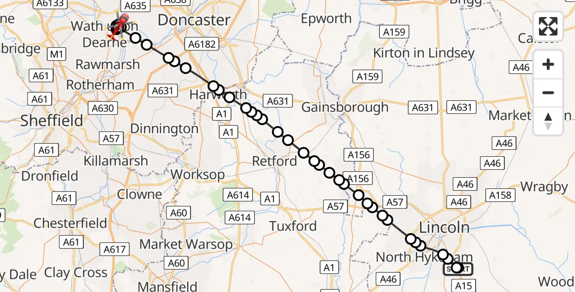 Flight route Air Ambulance Helicopter RAF Waddington - Mexborough, 17 May 2026, 17:04