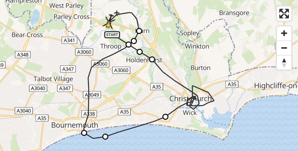 Flight route Police Helicopter Bournemouth Airport - Bournemouth Airport, 17 May 2026, 17:06