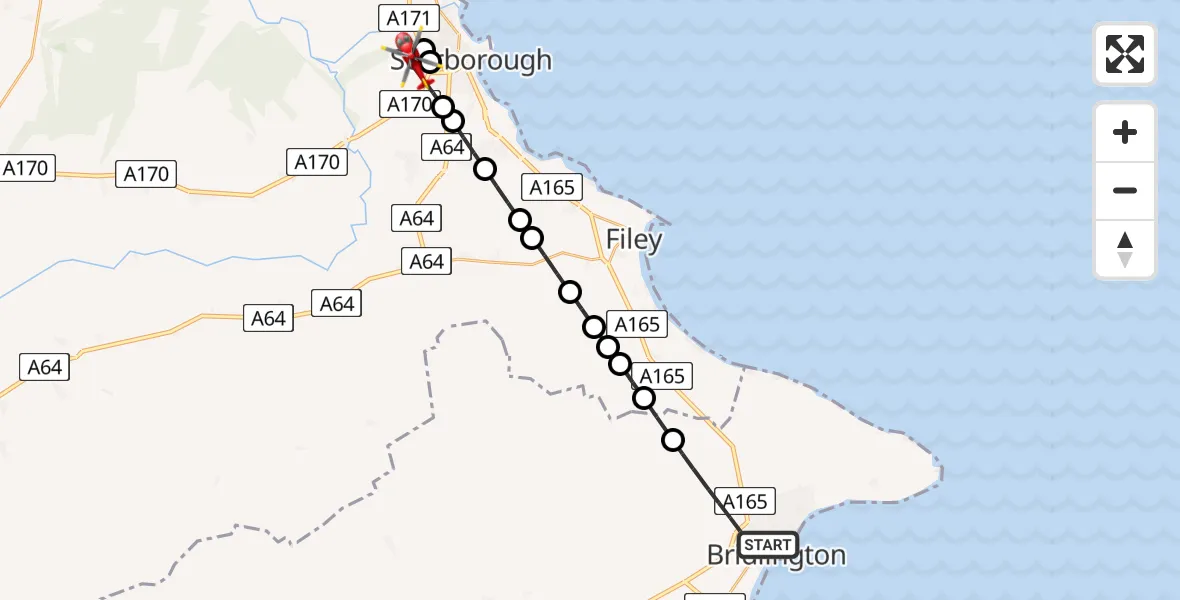 Flight route Air Ambulance Helicopter Bridlington - Scarborough, 17 May 2026, 17:11