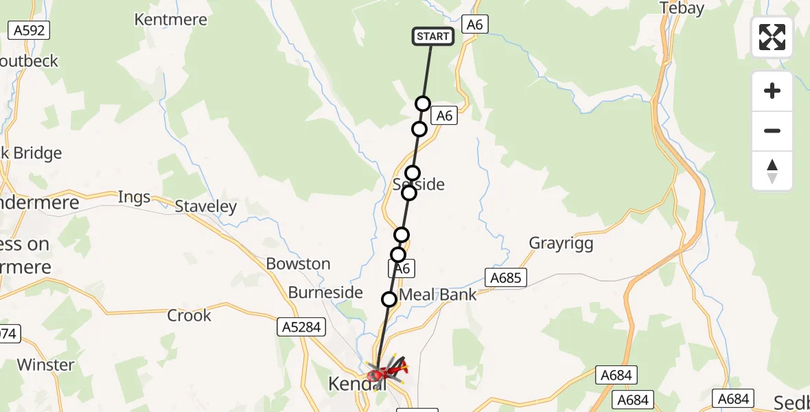 Flight route Air Ambulance Helicopter Selside and Fawcett Forest - Kendal, 17 May 2026, 17:14