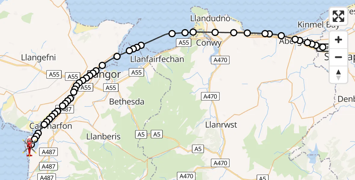 Flight route Air Ambulance Helicopter Ysbyty Glan Clywd Hospital Heliport - Caernarfon Airport, 17 May 2026, 17:25