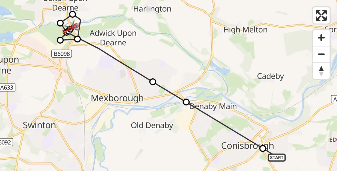 Flight route Air Ambulance Helicopter Conisbrough - Mexborough, 17 May 2026, 17:26
