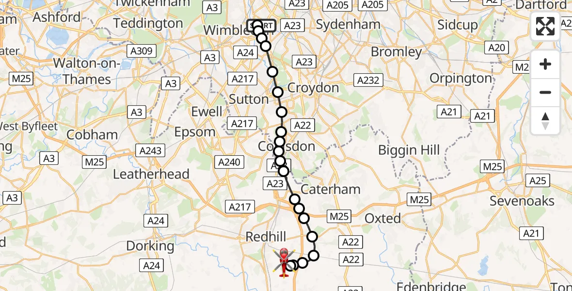 Flight route Air Ambulance Helicopter St Georges Hospital - Redhill Aerodrome, 17 May 2026, 17:26