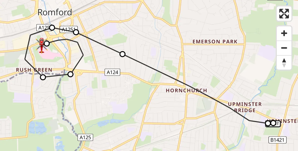 Flight route Air Ambulance Helicopter Upminster - Queens Hospital Romford, 17 May 2026, 17:37