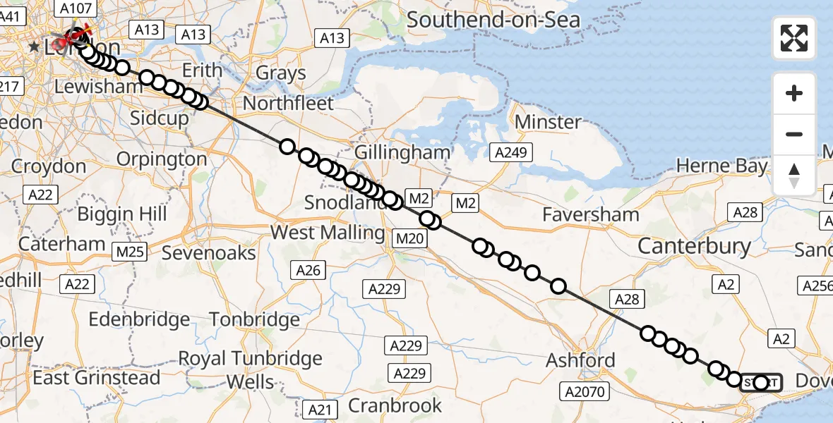Flight route Air Ambulance Helicopter Dover - Royal London Hospital, 17 May 2026, 17:39