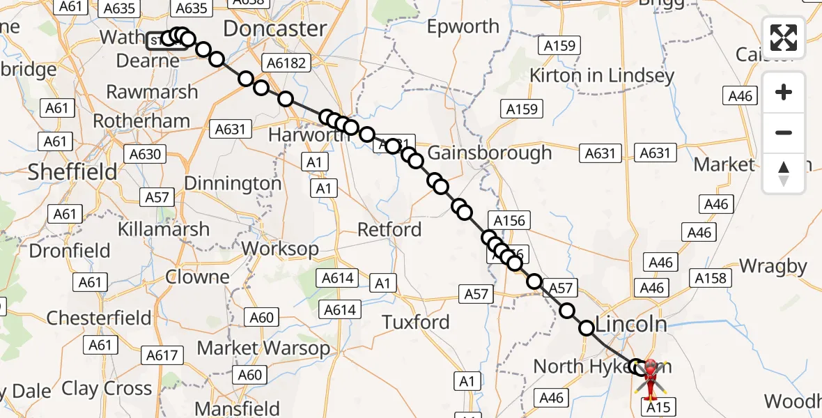 Flight route Air Ambulance Helicopter Mexborough - North Kesteven, 17 May 2026, 17:46