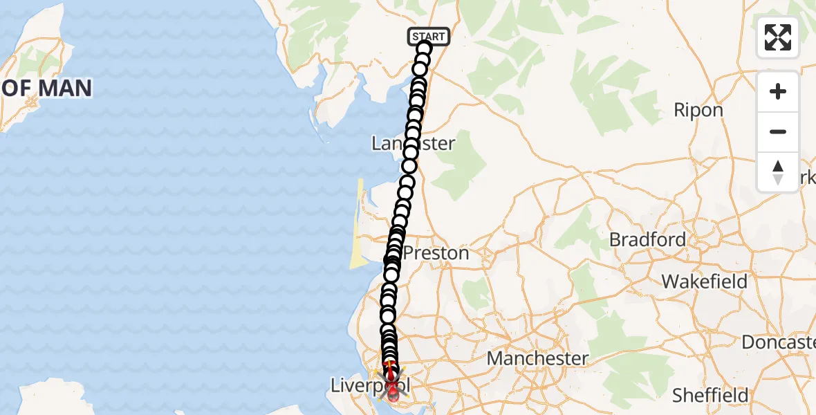 Flight route Air Ambulance Helicopter Kendal - Knotty Ash, 17 May 2026, 17:50