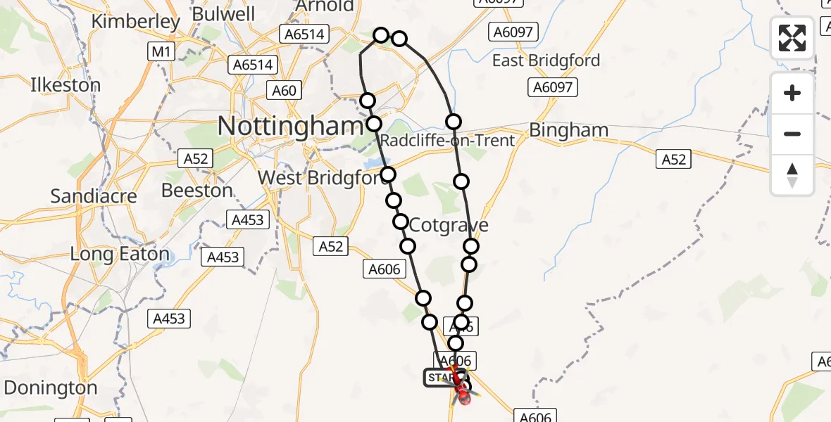 Flight route Air Ambulance Helicopter Widmerpool - Nottingham Heliport, 17 May 2026, 18:07