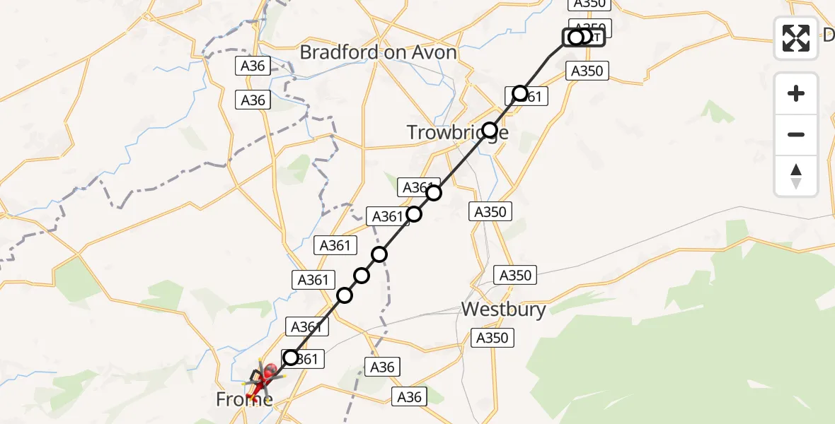 Flight route Air Ambulance Helicopter Wiltshire Air Ambulance - Frome, 17 May 2026, 18:09