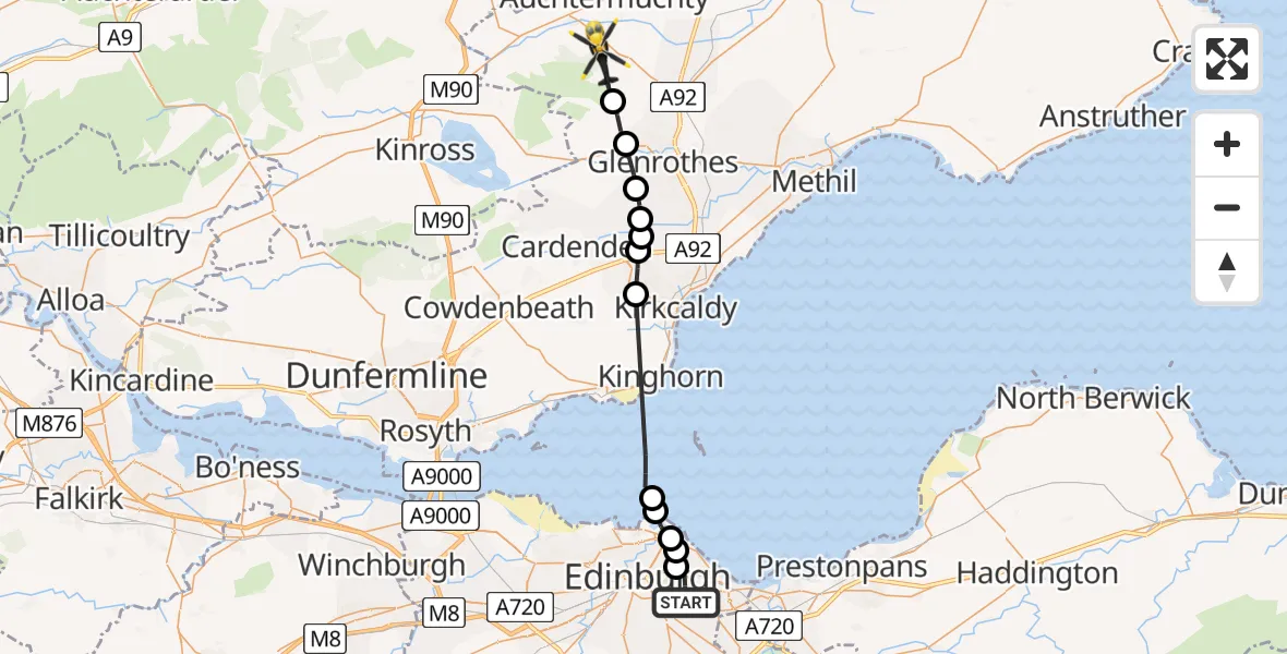 Flight route Police Helicopter Willowbrae - Falkland, 17 May 2026, 18:14