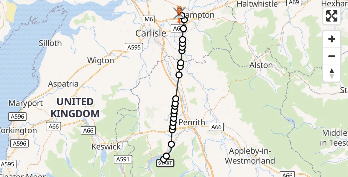 Flight route Coastguard Helicopter Howsteadbrow - Carlisle Lake District Airport, 17 May 2026, 18:18